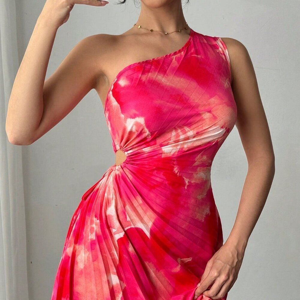 Watermelon Pink Open Shoulder Fitted Women's Summer Dress - Picture 5 of 6